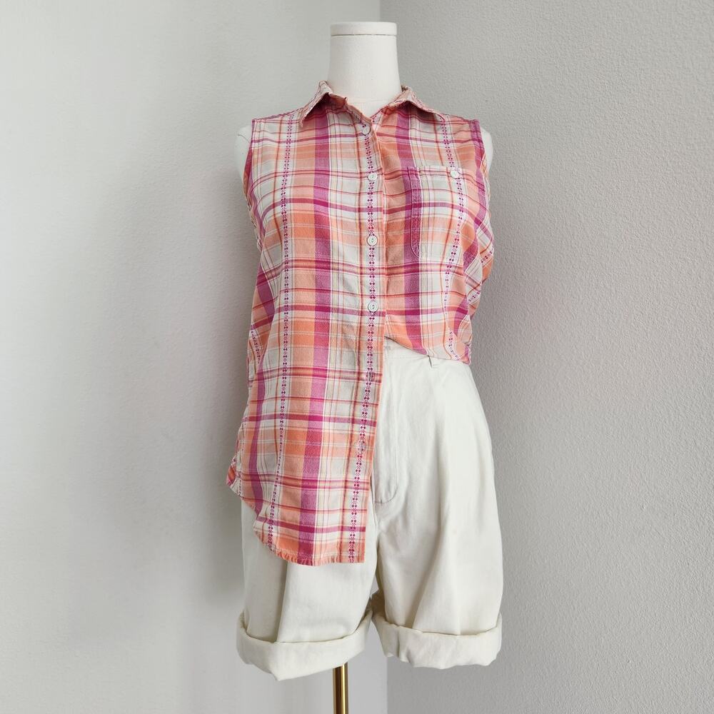 Vintage Y2K Pink Plaid Sleeveless Button Up Shirt Collared Cottage Cabin Creek M